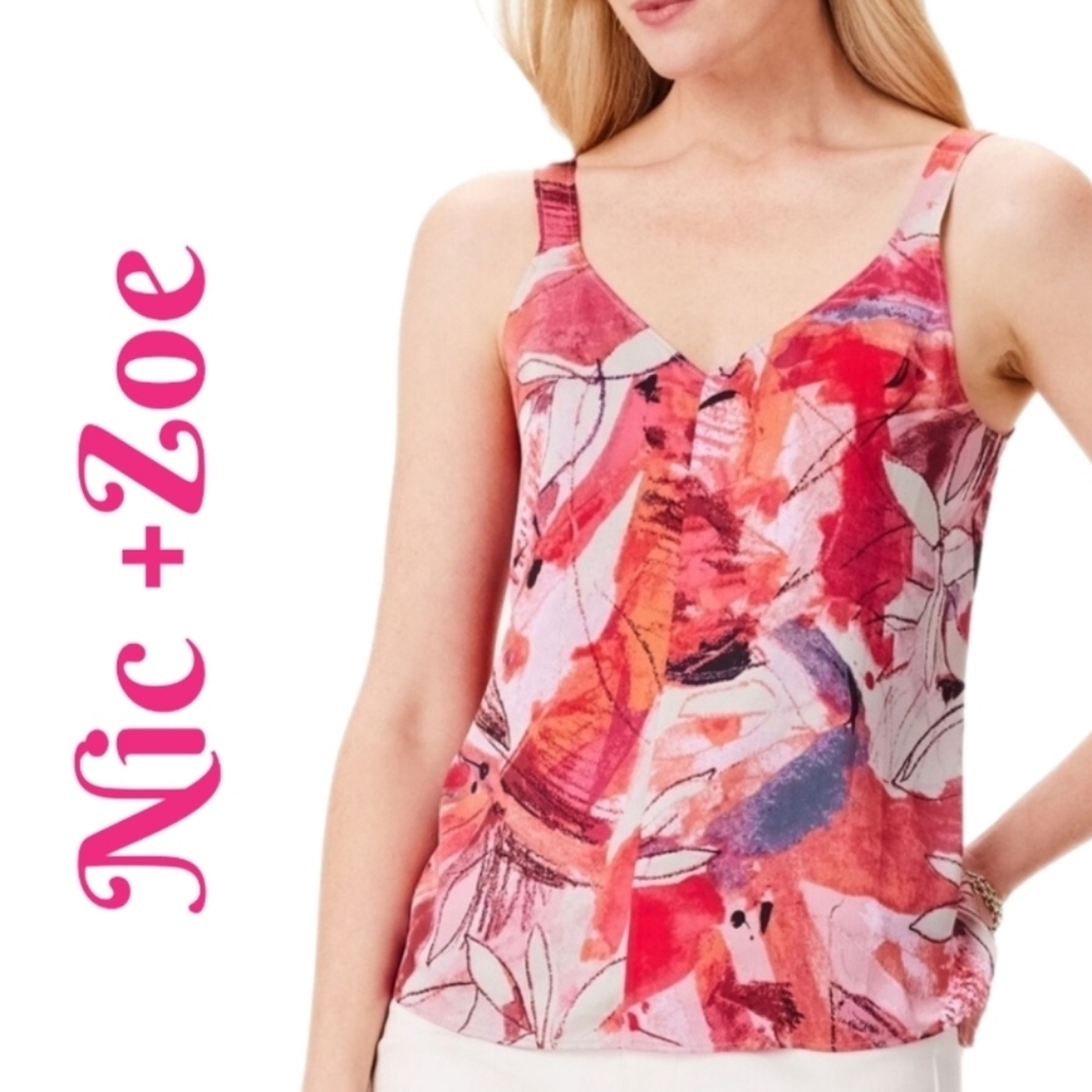 Nic + Zoe Womens Cami Top Sz L Scribble Bouquet Crepe Abstract Print Pinks Reds
